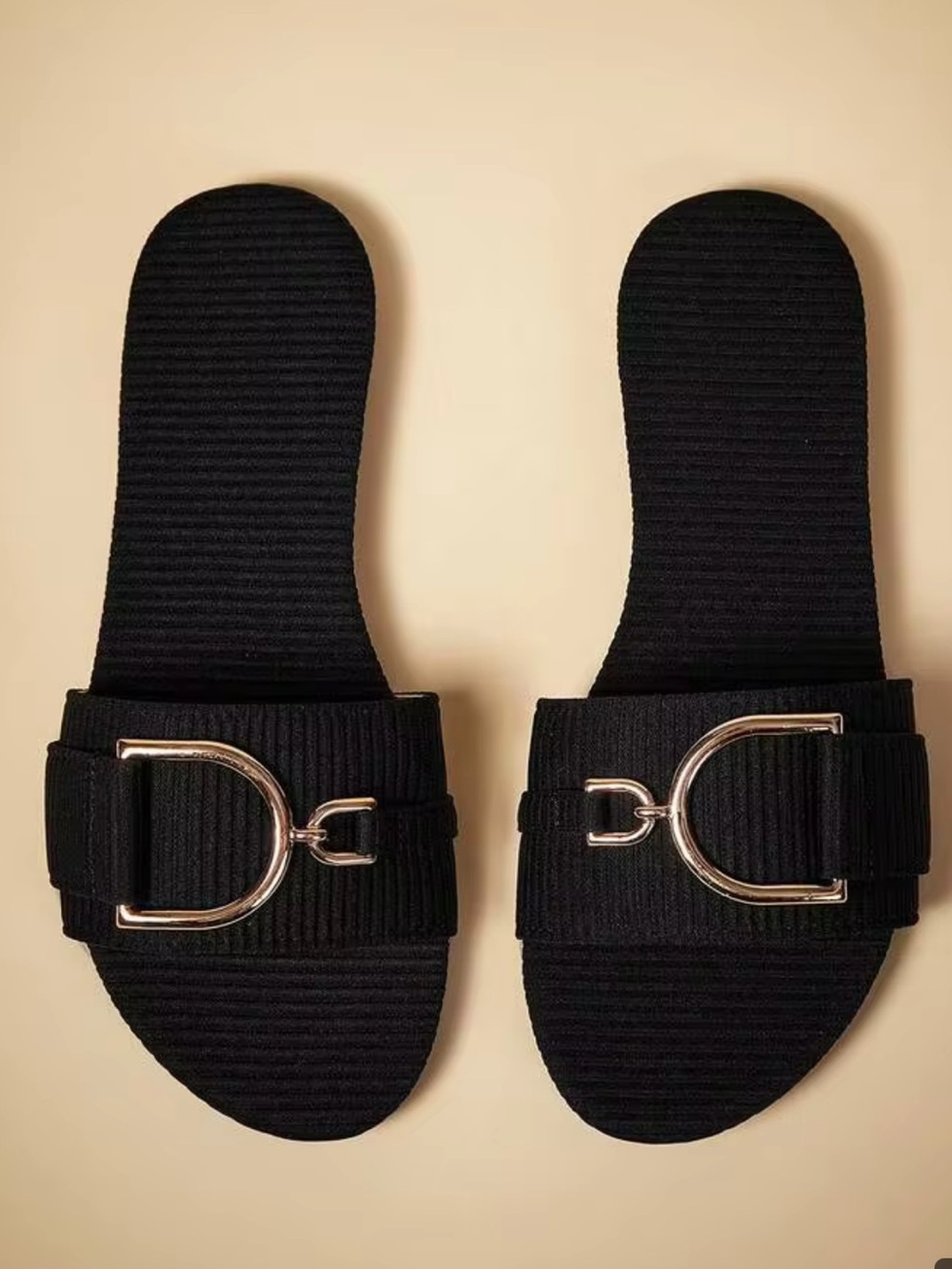 Black Textured Slide Sandals Gold Horsebit Buckle Minimalist Luxe EU 43